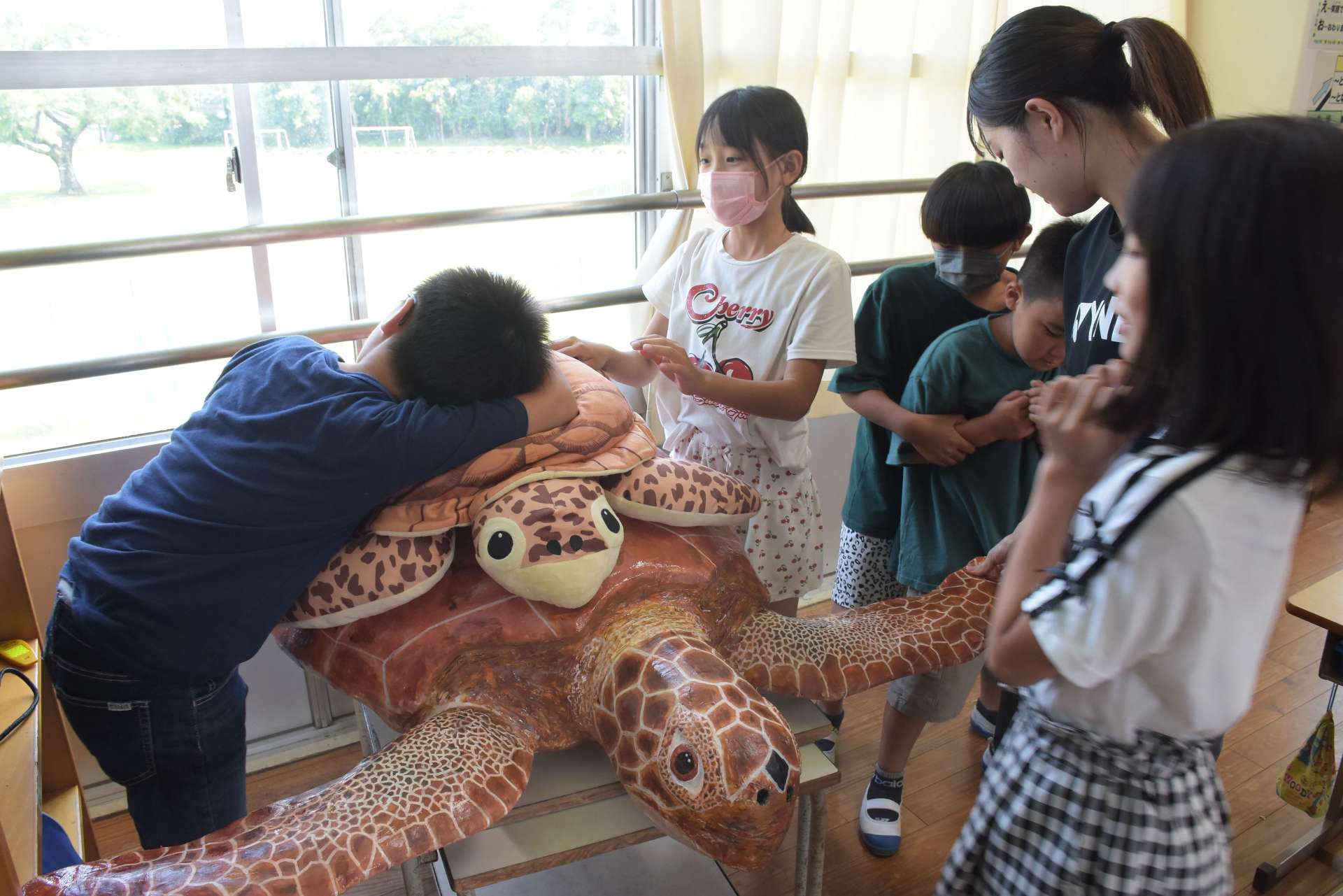 ウミガメの模型を見て大きさに驚く児童＝大崎町の大丸小