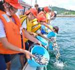 マダイの稚魚を放流する伊作田小学校の５、６年生＝日置市東市来の江口浜沖