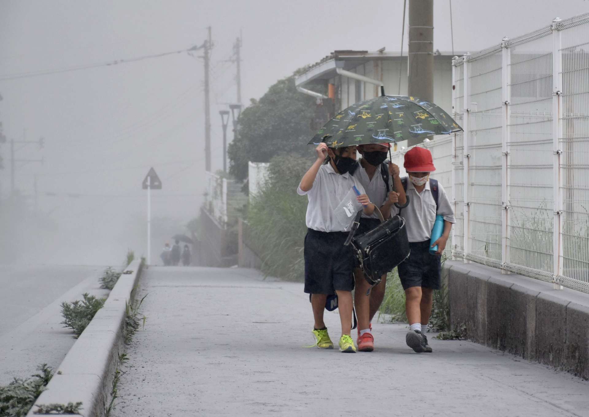〈降り続ける灰〉灰を避けようと、一つの傘に入り下校する子どもたち＝３日午後３時半ごろ、霧島市牧園町高千穂