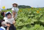 咲き始めたヒマワリに笑顔満開の子どもたち＝５日、志布志市有明町野神