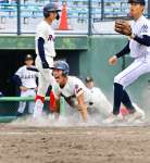 ８回表れいめい無死満塁、捕逸の間に三走碇山が生還＝平和リース（税所陸郎撮影）