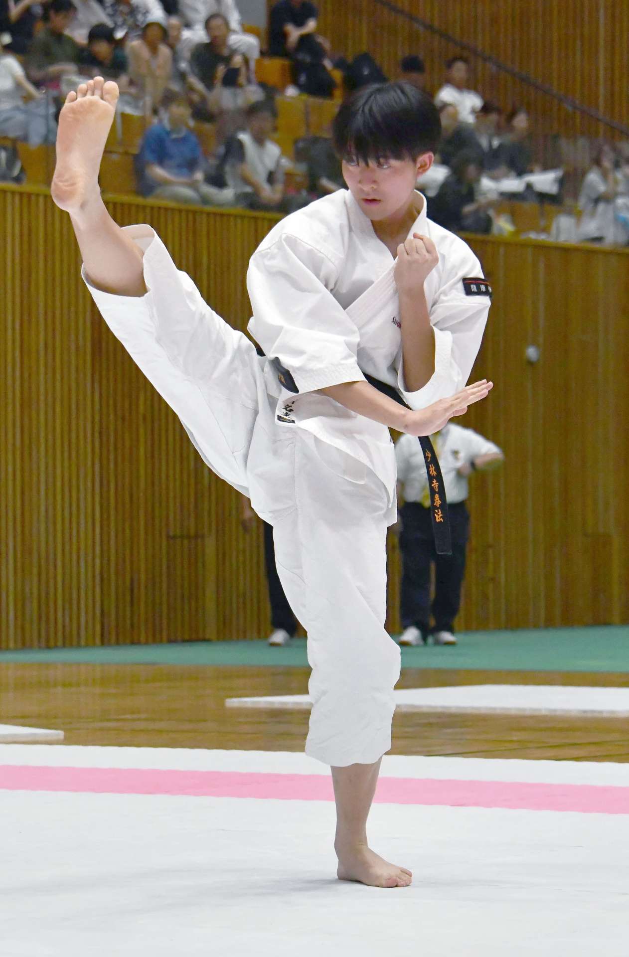 男子単独演武で蹴りを見せる新名主昌哉（武岡台）＝エフピコアリーナふくやま