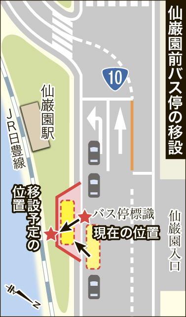 〈関連＝どんな位置関係？〉仙巌園前バス停の「現在地」と「移設予定地」を地図で分かりやすく