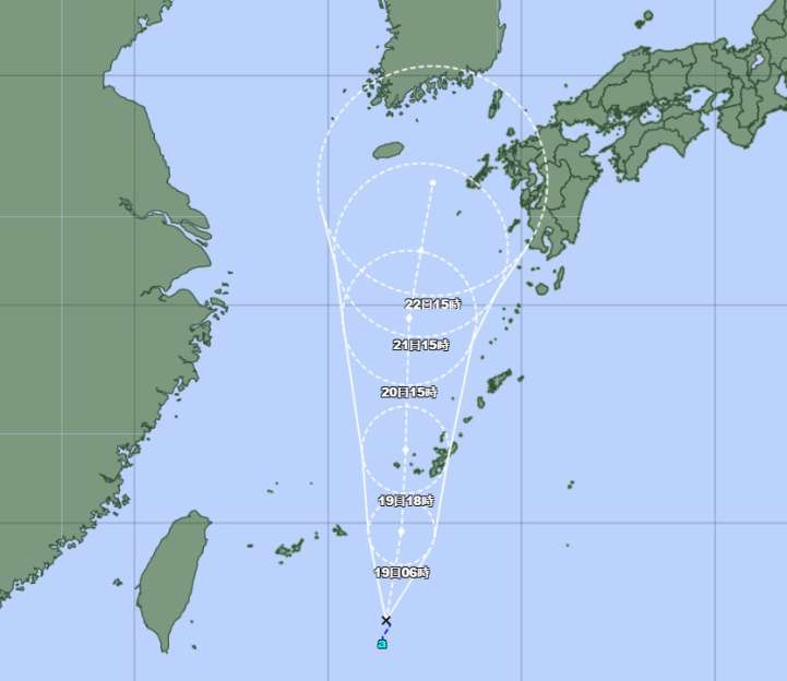 〈関連〉熱帯低気圧の進路予想図（１８日午後７時１０分発表、気象庁ホームページより）