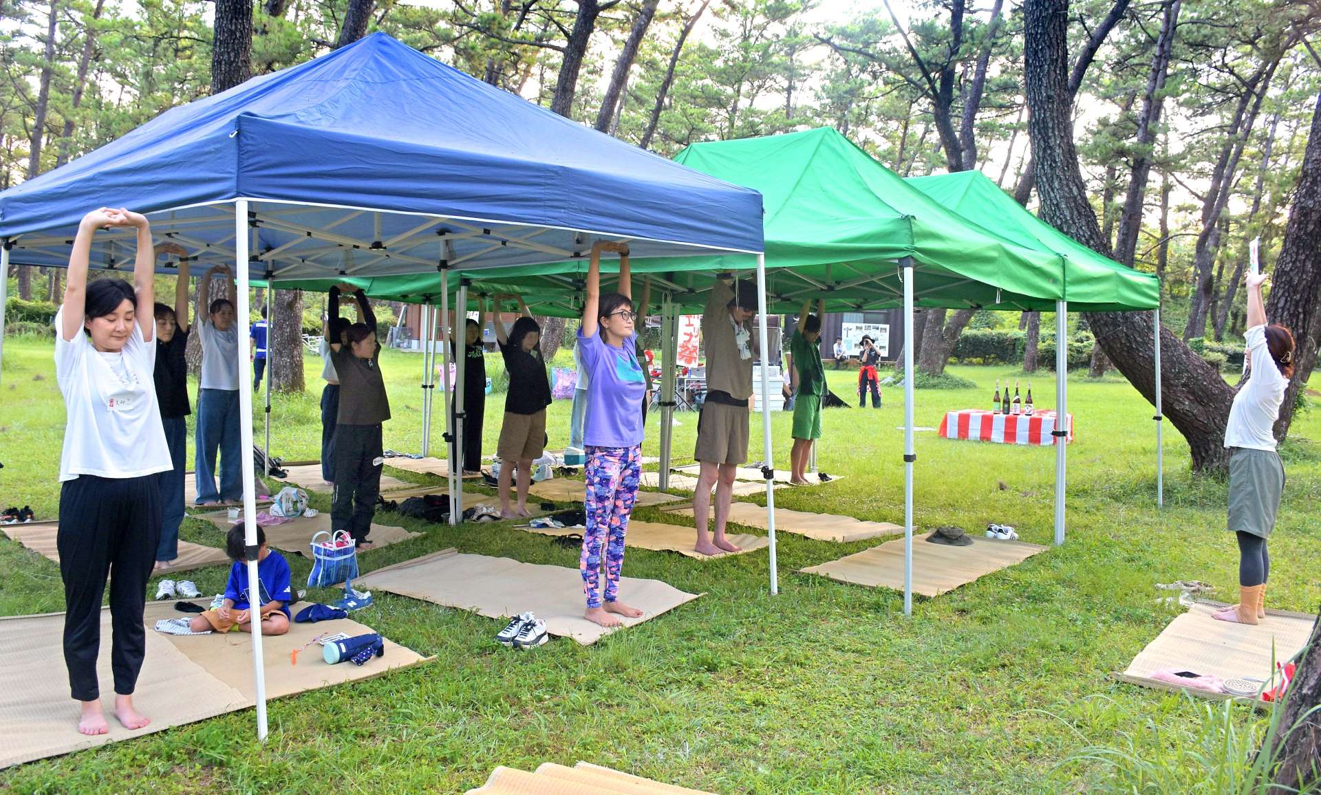 松林の中でヨガを楽しむ参加者＝大崎町のくにの松原キャンプ場