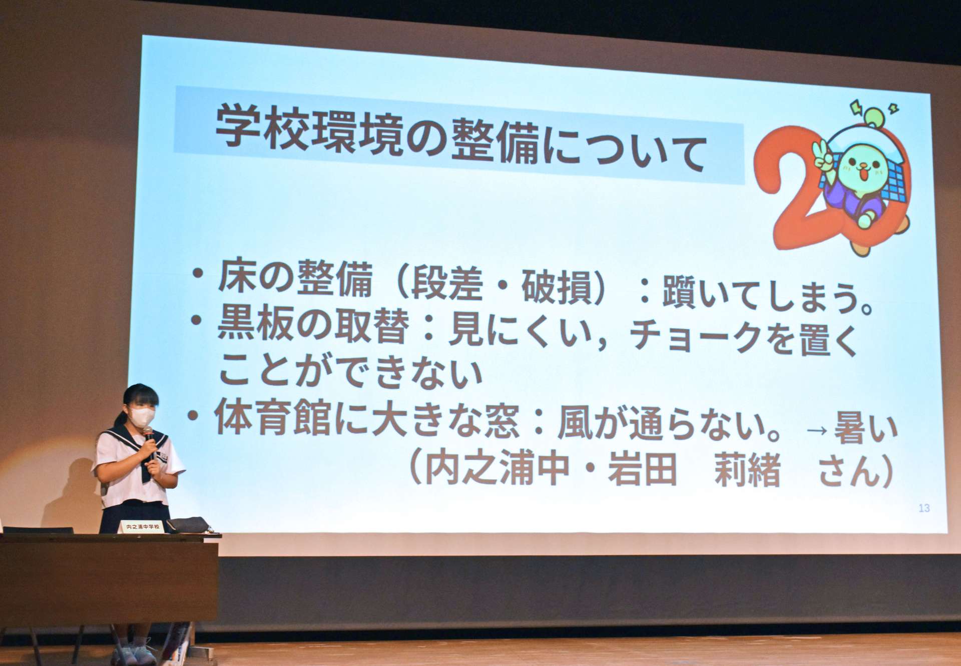 町の課題について発表する生徒＝肝付町前田の町文化センター