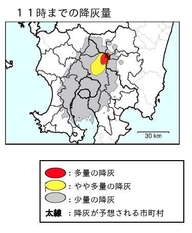 〈関連〉新燃岳の降灰が予想される地域と降灰量が一目で分かる地図（気象庁発表資料より）