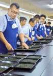 出品された茶葉の外観をチェックする審査員＝３日、鹿児島市の県茶市場