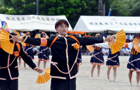 各地区ごとに特色のある演舞を披露する応援団＝６日、奄美市の大島高校