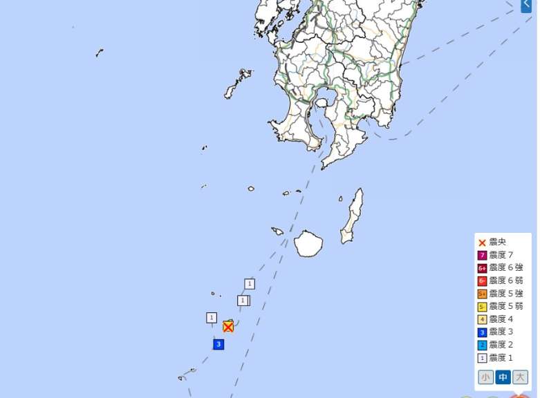 〈関連〉諏訪之瀬島で震度５弱を記録した地震の震央の位置を地図で確認する（気象庁ホームページより）