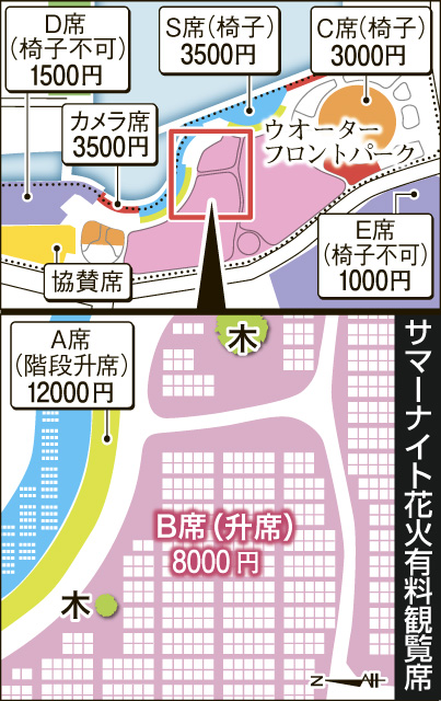 有料観覧席と木の位置関係が一目で分かる図解を見る