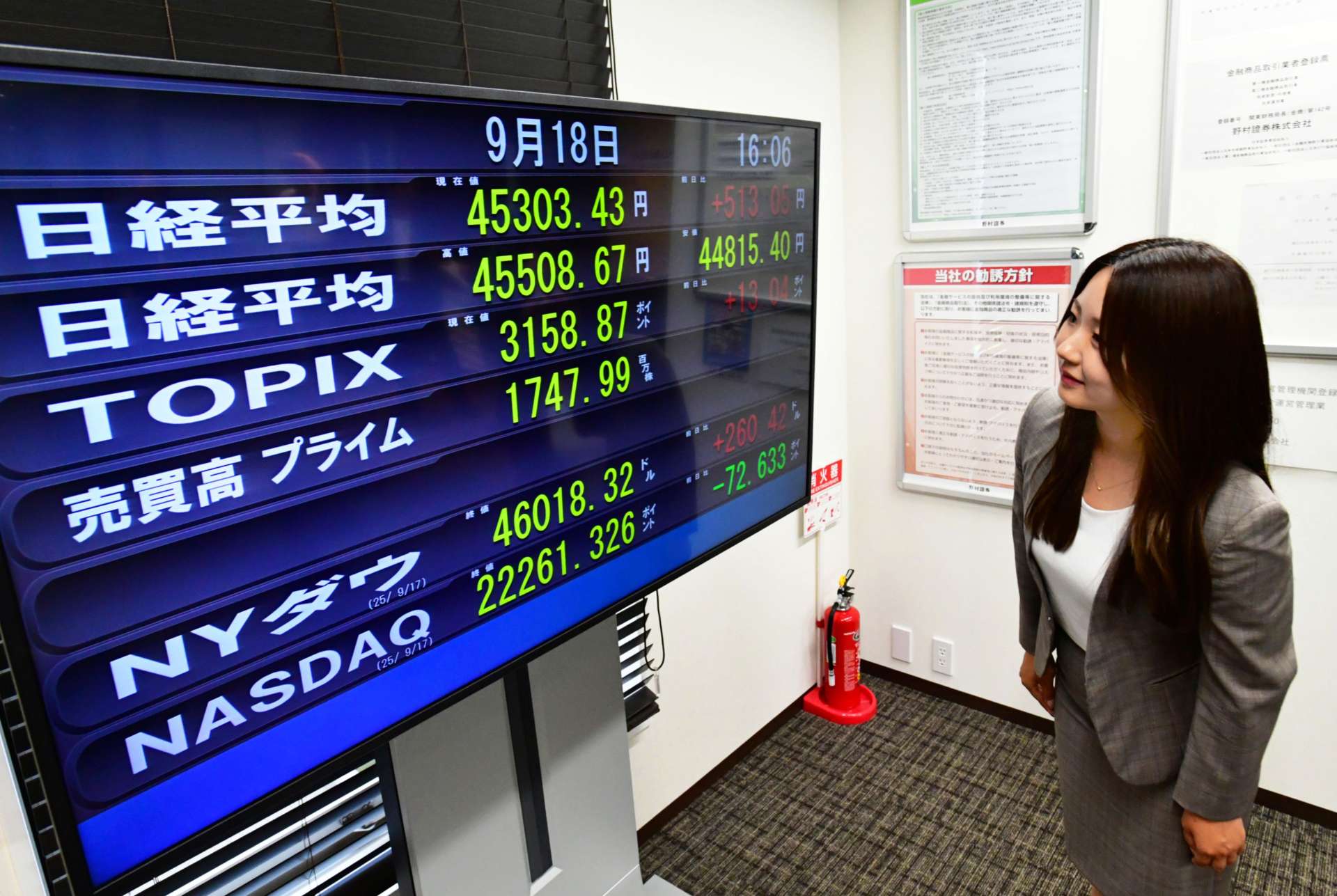 日経平均株価の終値４万５３０３円４３銭を示す電光表示＝１８日、鹿児島市の野村証券鹿児島支店