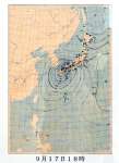 前日より等圧線の間隔が狭まり、勢力が増した台風を示す１９４５年９月１７日１８時の天気図＝広島市中区の江波山気象館
