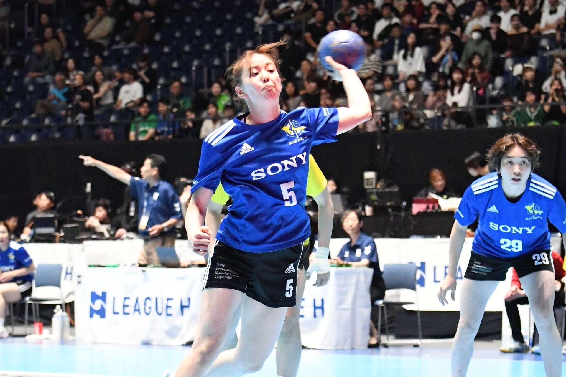 6月のプレーオフ決勝で７メートルスローを放つブルーサクヤの金城＝国立代々木競技場第一体育館