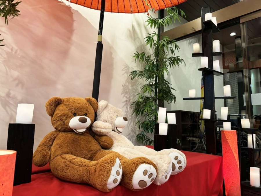 ぬいぐるみと並ぶ明かり＝１日、霧島市牧園町高千穂のホテル霧島キャッスル