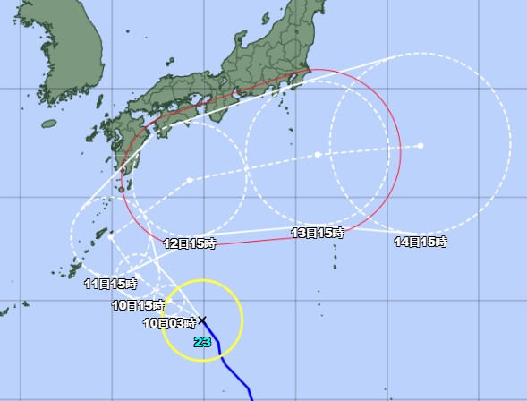 〈関連〉台風２３号の進路予想図を地図上で確認する（９日午後３時現在、気象庁ホームページより）