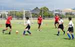 （別カット）サッカー教室で小学生とミニゲームをする日本代表ＯＢ＝垂水市の垂水中央運動公園