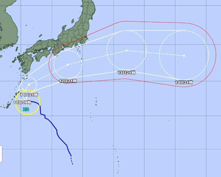 〈関連〉台風２３号の進路予想図を地図で確認する（１０日午後９時現在、気象庁ホームページより）