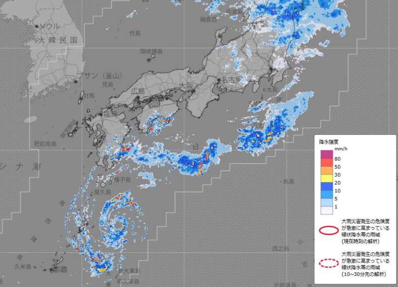 〈関連〉１１日午後６時５０分現在の西日本一帯の雨雲レーダーを確認する（気象庁ホームページより）