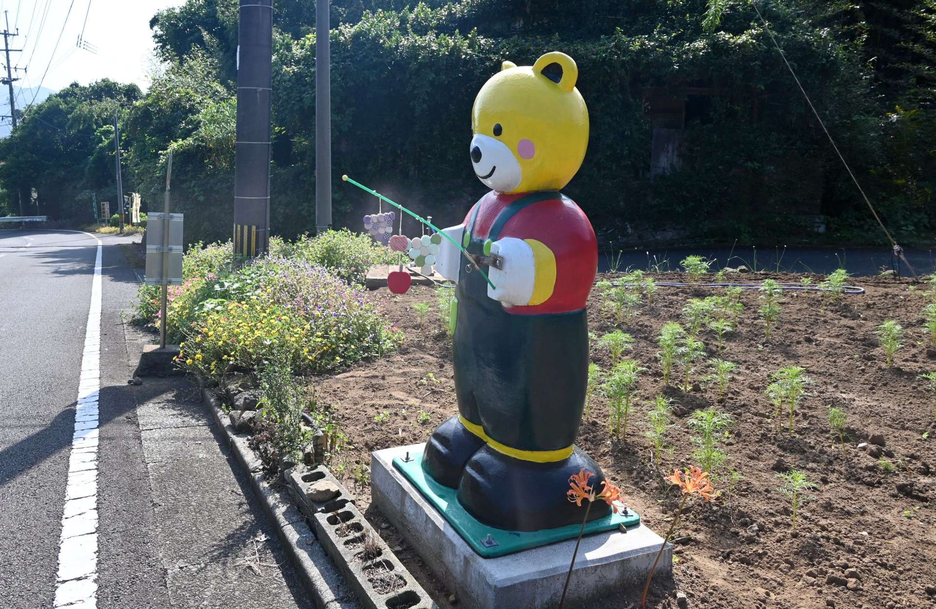 警察官人形の近くに設置されたクマの人形とコスモス畑＝南さつま市笠沙町赤生木