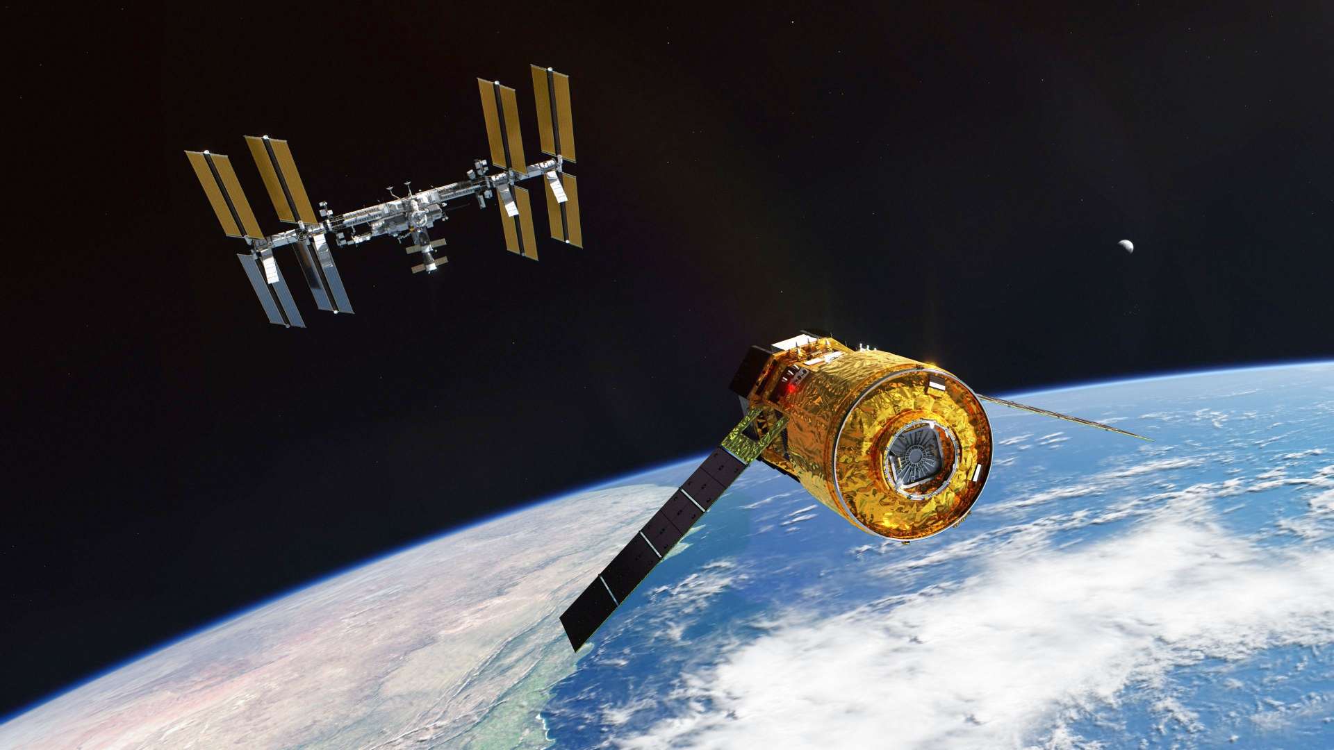 国際宇宙ステーション（左）に接近する新型無人補給機「ＨＴＶ－Ｘ」のイメージ（ＪＡＸＡ提供）