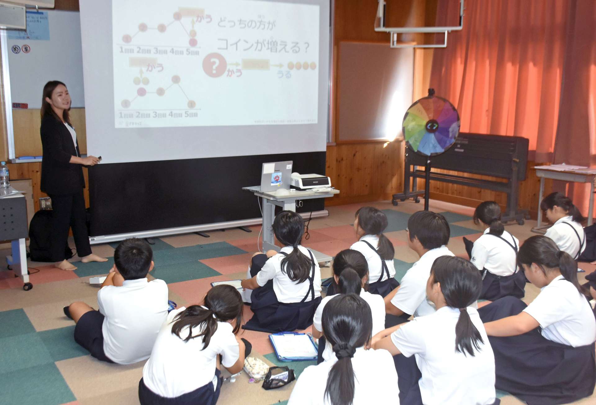 株取引の仕組みを学ぶ児童ら＝鹿屋市の大姶良小学校