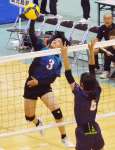 鋭いアタックを放つバレーボール知的女子の中村＝滋賀県湖南市の市総合体育館