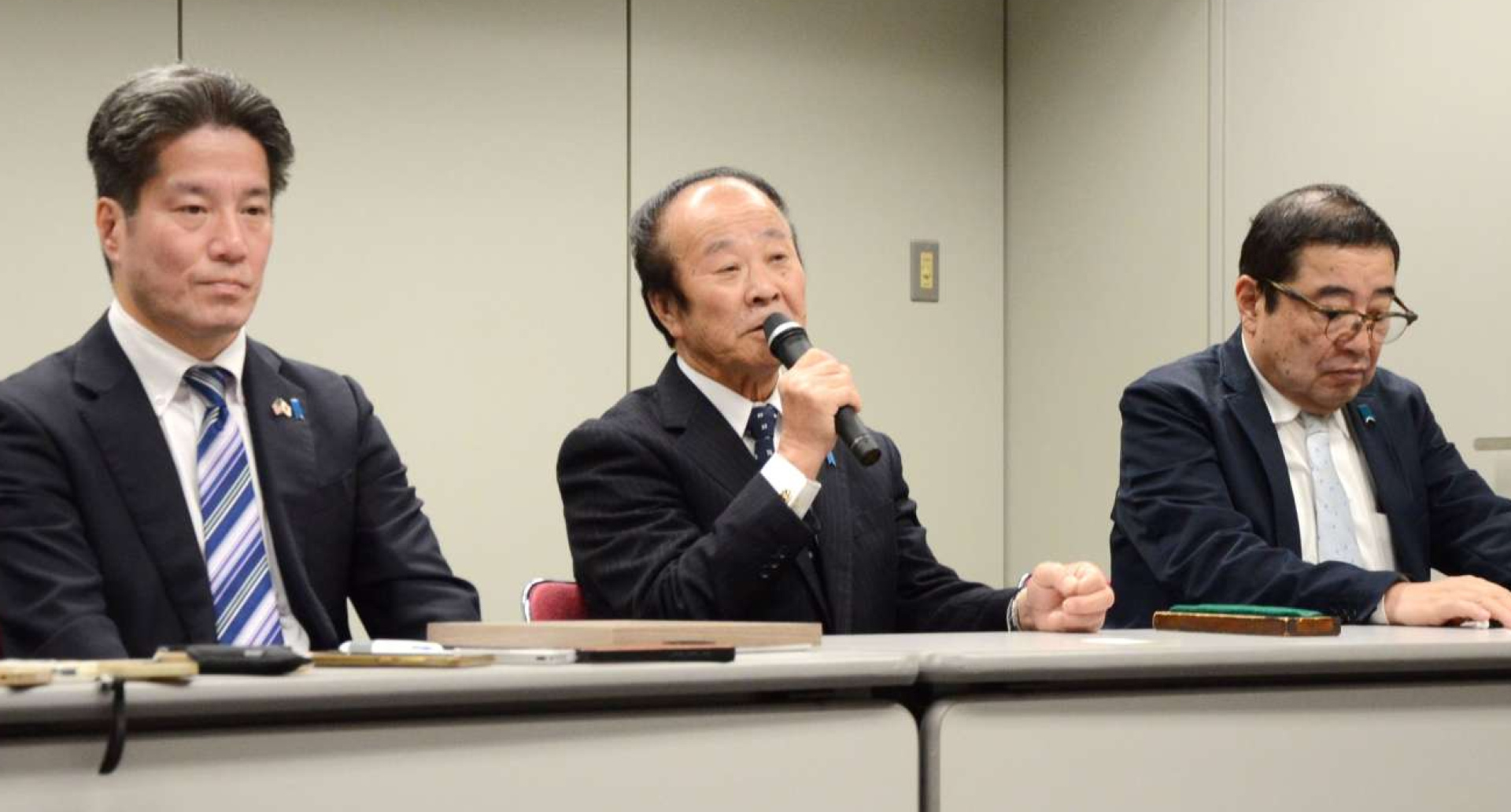 面会後の会見で感想を述べる市川健一さん（中央）＝２８日、東京都内