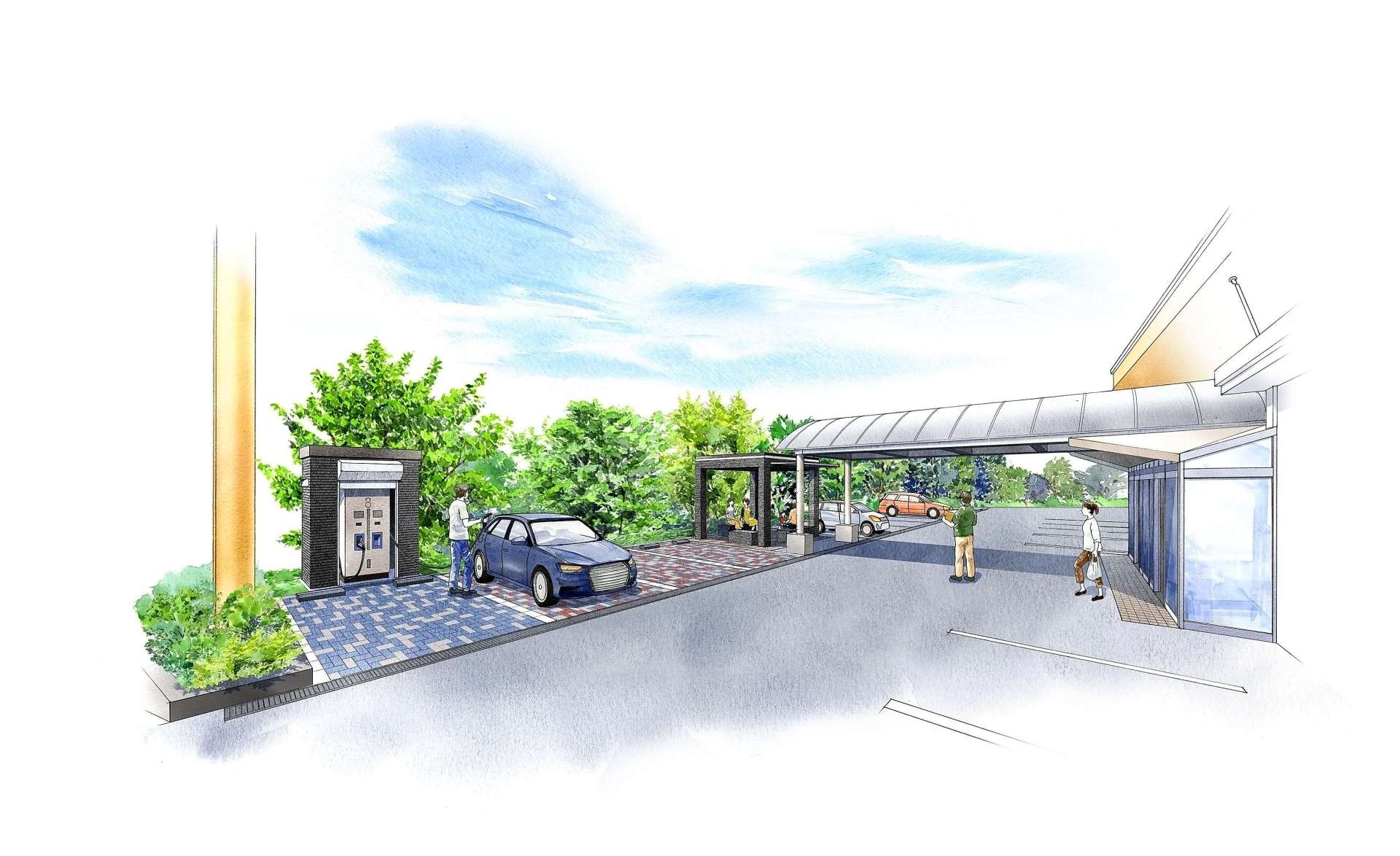 シラス由来の火山ガラス微粉末（ＶＧＰ）を含む低炭素型コンクリートを使って整備する休憩所や駐車場などのイメージ図（太平洋セメント提供）