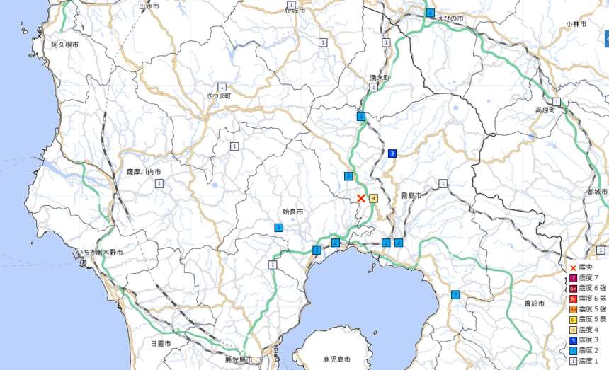 〈関連〉霧島市で震度4を観測した地震の震源を地図で確認する（気象庁ホームページより）