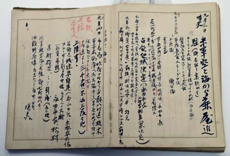 鹿屋市文化財センターが保管する永田良吉の日記。１９４５年９月３日には「米軍空と海から鹿屋進駐」と記される