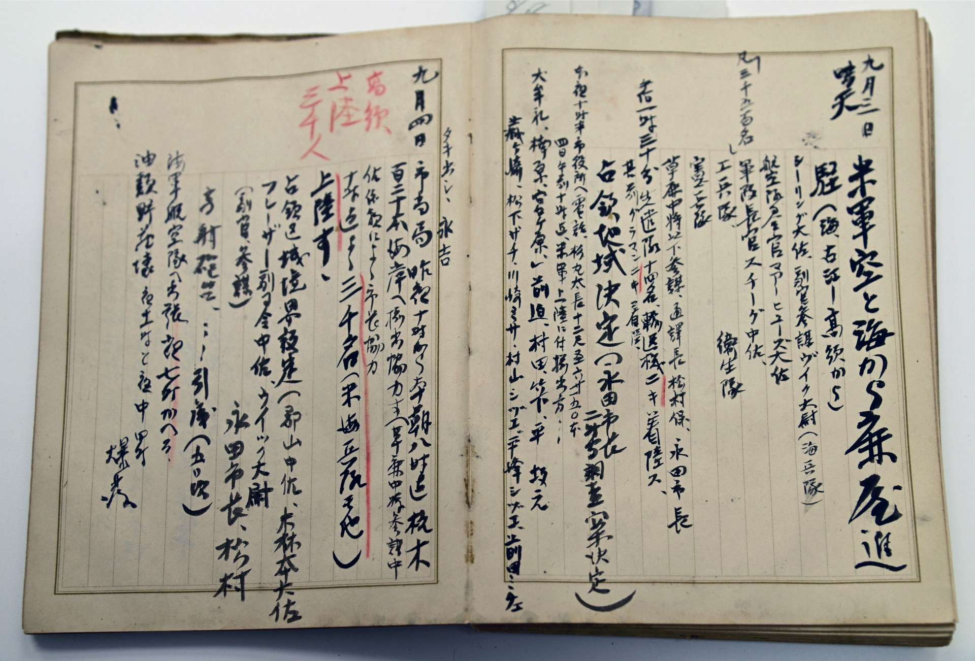 鹿屋市文化財センターが保管する永田良吉の日記。１９４５年９月３日には「米軍空と海から鹿屋進駐」と記される