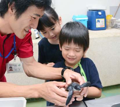 ウミガメと触れ合う梅本一輝ちゃん（中央）と姉の真友美さん＝鹿児島市本港新町のかごしま水族館