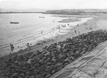 昭和34年、鹿児島市の与次郎ヶ浜。このころは浜辺があり、貝掘りなどの家族連れでにぎわっていた。